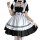 A woman wearing a maid costume cosplay dress, featuring black and white colors with ruffles and bows, perfect for japanese lo...