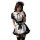 A woman wearing a maid costume cosplay outfit, featuring a black and white dress with ruffles, a bow tie, and stockings, perf...