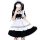 A person wearing a maid costume, featuring a black and white lolita outfit with a cute french maid dress, petticoat, and acce...
