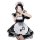 A girl wearing a maid lolita dress, featuring a black and white checkered design with a cute cat ear headband, along with a m...