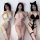 Three women modeling manny night catwoman lingerie sets in white, pink, and black with cat ears, sheer lace tops, bows, garte...