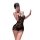 Woman wearing manny night elegant lace halter bodysuit with sheer mesh cutouts, posing in a sensual black dress.