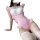 Pink maid costume set featuring a tight-fitting bodice with ruffled details, white stockings, and an open-crotch design for a...