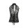 Black lace bodysuit with floral pattern and open-crotch design, featuring a high collar and tie-front detail.