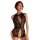 Woman wearing black lace open-crotch bodysuit from manny night seductive sleepwear set, featuring floral pattern and halter n...