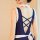 Back view of manny night sexy maid bodysuit with ruffled collar, crisscross straps, and white sash tie.