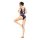 Woman wearing manny night sexy maid bodysuit, backless design with ruffles and seductive style, posing elegantly.