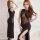 Woman modeling manny night sexy sheer dress – bodycon mesh backless club dress with high slit, pure & tempting lingerie set.