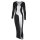 Black and silver bodycon dress with sheer mesh panel, long sleeves, and backless design for a sexy club look.