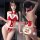 Mannyan christmas velvet bodysuit set: sexy open-crotch sleepwear with halter tie & plush trim, front and back views.