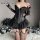 Woman wearing mannyan dark angel corset set – black lace mesh bodysuit with boning, strapless bra top, tulle skirt & garters.