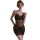 Woman wearing mannyan french-style lace chemise, sheer black bodycon nightgown with floral detailing and thin straps.