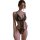 Woman wearing black mannyan lace open-crotch bodysuit with sheer mesh and floral lace detailing.