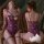 Woman modeling purple mannyan lace bodysuit with butterfly knots and open-crotch design, shown front and back on vintage chai...