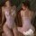 Woman wearing white mannyan lace sheer open-crotch bodysuit with butterfly knots, shown front and back on vintage chair.