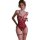 Woman wearing red lace sheer open-crotch bodysuit with butterfly knot details, sensual lingerie set by mannyan.