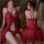 Woman wearing mannyan lace sleep dress, sheer red nightgown with open front, slit, and adjustable straps, shown from front an...