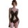 Woman wearing black mannyan lace sleep dress with sheer open front, adjustable straps and side slit.