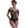 Woman wearing mannyan sheer lace bodysuit with open-crotch, underwire push-up design and floral accents.