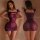 Woman wearing mannyan purple sheer lace bodycon sleep dress, sensual see-through nightgown for date night, front and back vie...