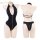 Mannyan black deep v neck bodysuit with front zipper and lace-up backless design, featuring open-crotch detail for women.