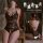 Woman wearing black mannyan sensual lace bodysuit with sheer hook-neck, open-crotch design, and elegant back straps.
