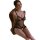 Woman wearing mannyan sheer polka dot lace bodysuit with butterfly details and pearl beading, seated on ornate chair.