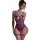 Woman wearing purple lace bodysuit with bow details and open-crotch design.
