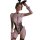 Woman wearing mannyan sexy lace bodysuit, sheer mesh open-crotch bunny costume with black bow ears and lace trim.