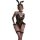 Woman wearing mannyan sexy lace bunny costume with floral trim, adjustable straps, fishnet stockings, and bunny ears for role...