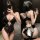 Woman wearing mannyan sexy lace open-crotch bodysuit – sheer black lingerie with bow detail, front and back mirror selfie vie...
