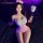 Woman in mannyan sexy lace trim mesh bodysuit, a sheer sweetheart airline uniform dress, posing with bunny ears and feather d...