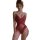 Woman wearing red lace bodysuit with beaded straps and ruffled trim, featuring open-crotch design.