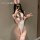 Woman wearing mannyan sexy lingerie set – backless bunny bodysuit with tied straps, open-crotch design, and fishnet stockings...
