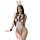 Woman wearing mannyan sexy lingerie set – backless bunny bodysuit with tied straps, open-crotch design, and lace trim.