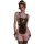 Woman wearing mannyan sexy lingerie set - sheer black maid costume with pink lace, bow headband, and adjustable straps.