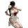 Woman in white lace maid costume with red bow, fishnet stockings, and feather duster for roleplay.