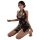 Woman kneeling in black floral sheer qipao mini dress with vintage allure, elegant nightclub lingerie set by mannyan.