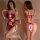 Woman modeling red velvet christmas lingerie set with deep v-neck, white pom-poms, and adjustable ties front and back view.