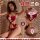 Woman modeling red velvet mannyan bodysuit with deep v-neck, pom-pom detail, and tie accents for christmas lingerie.