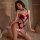 Woman modeling mannyan velvet sexy bodysuit - christmas new year lingerie set with deep v-neck & ties in rich burgundy.