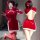 Sexy high-slit cheongsam costume with traditional knotted buttons, featuring vintage silk velvet design and festive red accen...