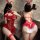Mannyan new year bunny girl sheer open-crotch bodysuit - sexy costume lingerie for christmas role play, featuring red lace an...