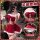 Woman modeling red velvet off-shoulder lingerie set with white fur trim, reindeer antlers headband, and matching short skirt ...