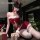 Sexy red velvet off-shoulder lingerie set with reindeer antlers, white fur trim, and fishnet stockings for christmas.