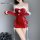 Sexy red velvet bodysuit with white fur trim and festive design, perfect for christmas costumes.