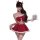 Woman in red velvet off-shoulder lingerie set with reindeer antlers, holding a gift box.