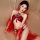 Woman wearing red sheer mesh halter lingerie set with peony embroidery and flowing sleeves, vintage chinese style design.