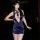 Woman wearing navy blue mannye qing private flight hostess bodycon skirt set with sheer bare-butt design and no-remove featur...