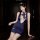 Woman in navy blue mannye qing private flight hostess bodycon skirt set with sheer bare-butt design and no-remove feature.